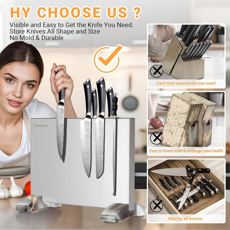 Nanbone Magnetic Knife Block Without Knives, Stainless Steel Magnetic Knife Holder Stand with Strong Knife Magnet, Double-Sided Knife Magnetic Strip Knifes Storage Organizer for Kitchen Counter Top - Image 5